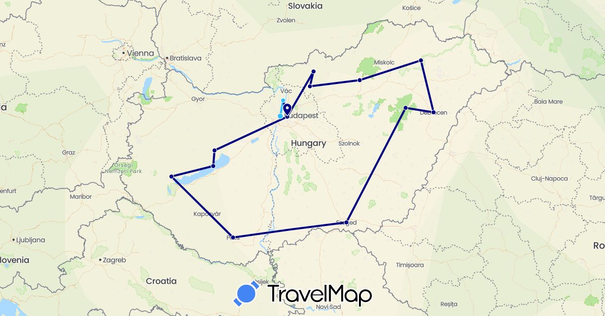 TravelMap itinerary: driving, boat in Hungary (Europe)